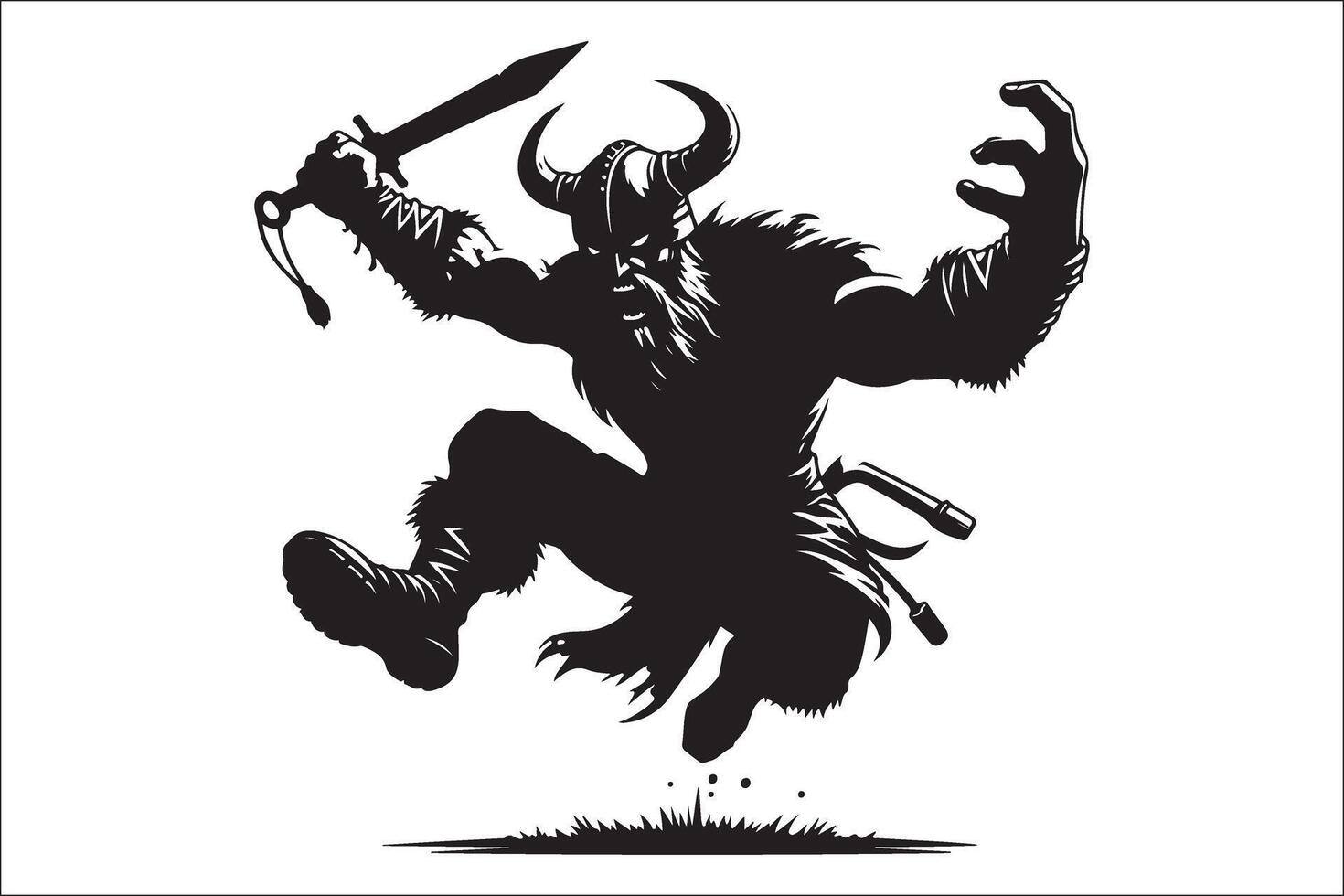 A black and white illustration of a viking with a sword vector