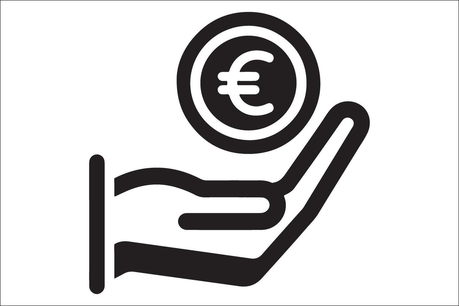 Euro symbol in hand, black and white icon vector