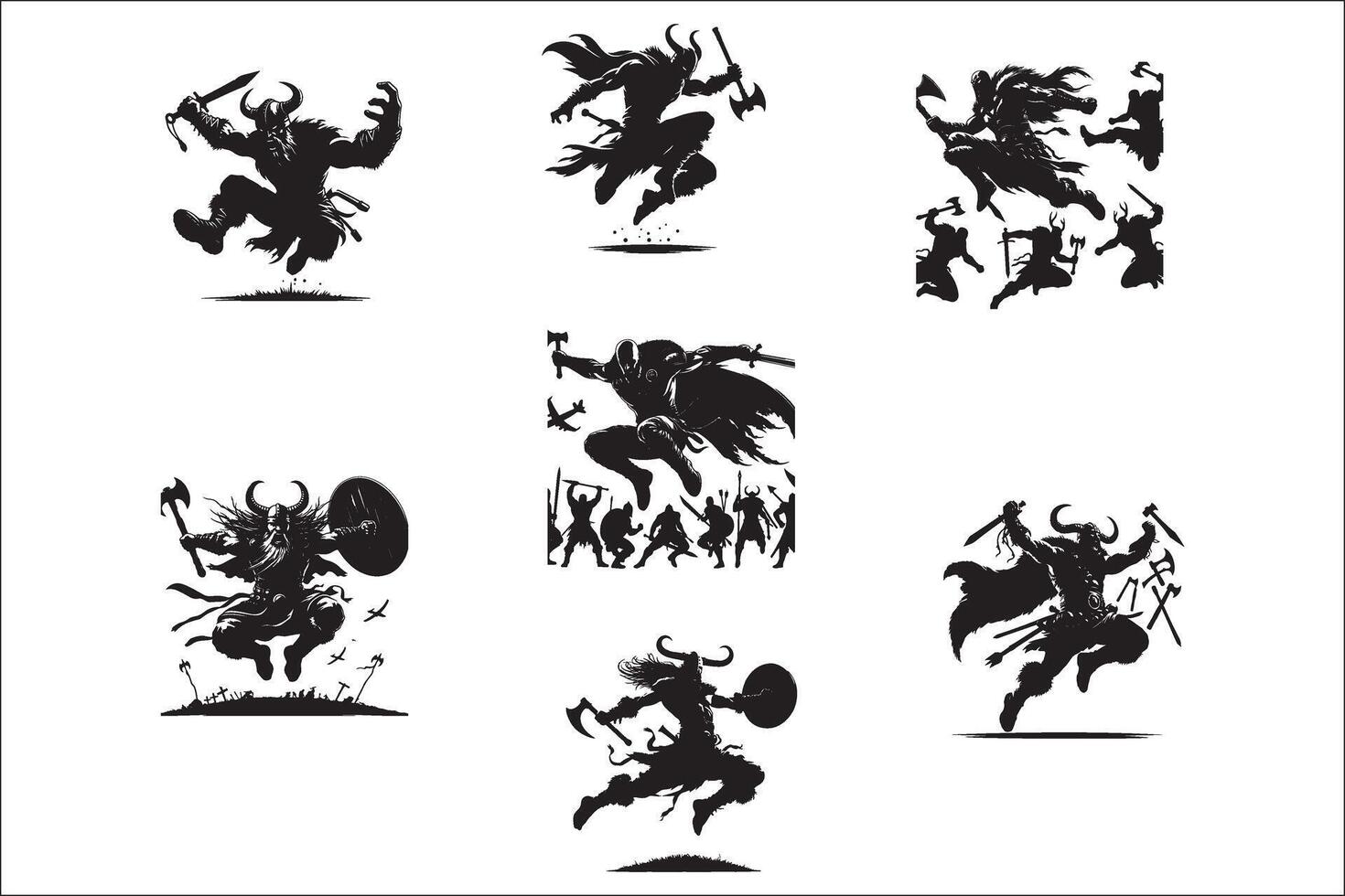 Various black silhouettes of vikings and warriors vector