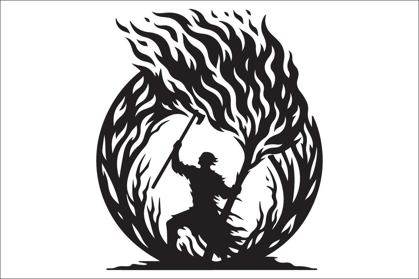 The silhouette of a man holding a torch in the middle of a fire vector
