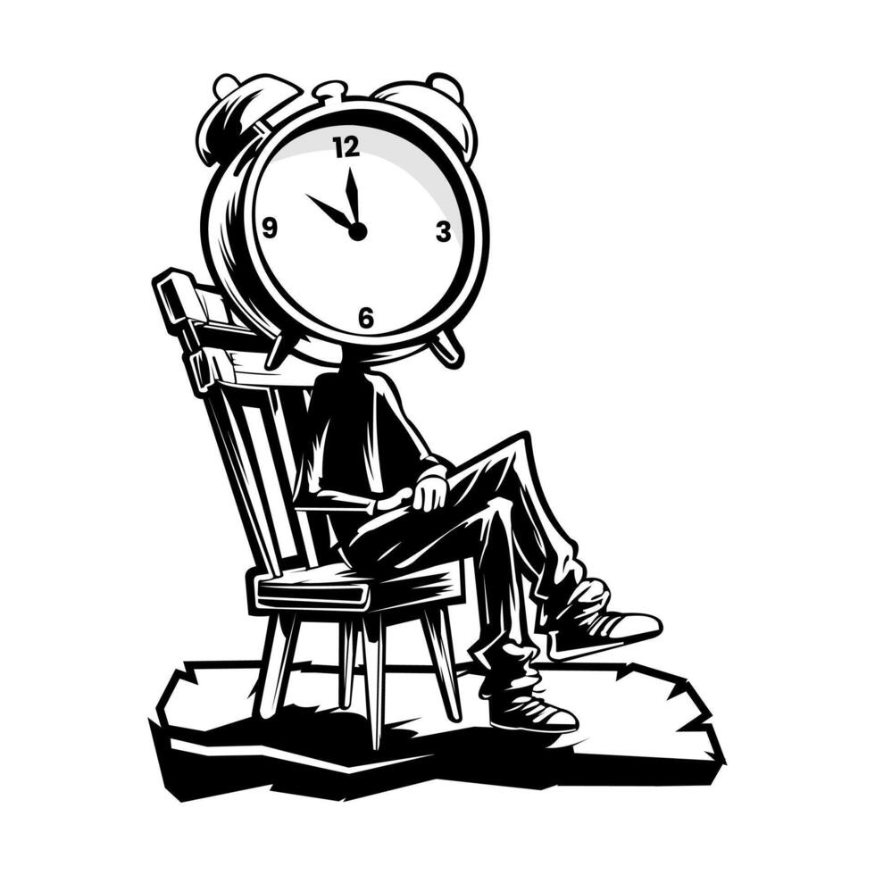 person with an alarm clock head sits relaxed on a chair symbolizing time and patience in black and white vector