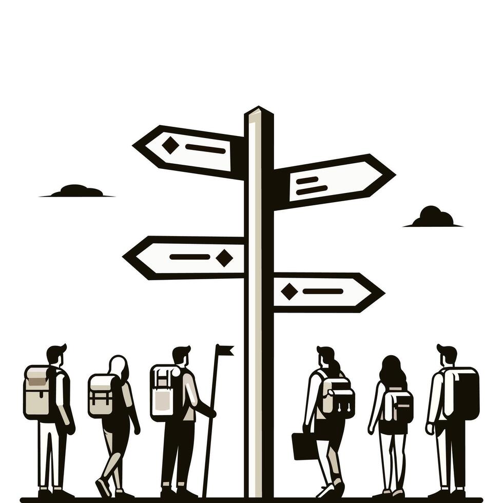 Group of travelers standing at a signpost, deciding their path, in a monochrome flat illustration vector