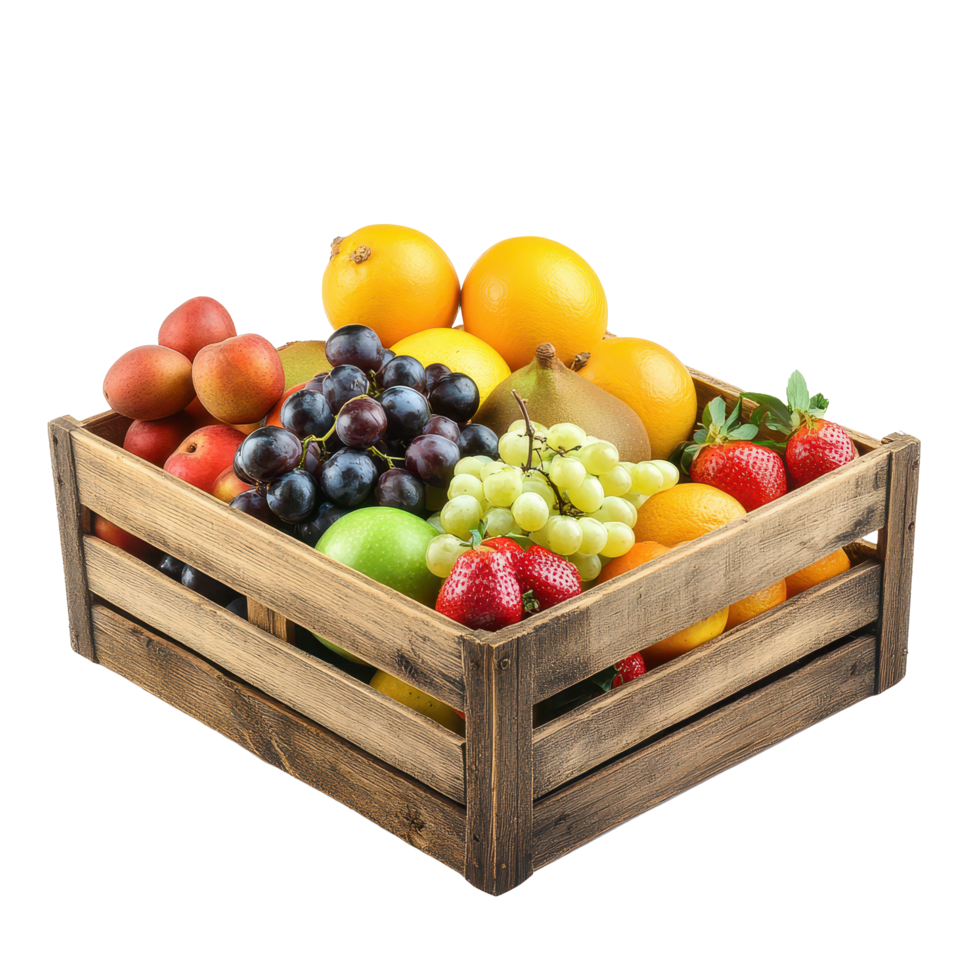 Fresh fruits in a wooden crate from the market displayed on a Transparent background, Wooden Crate with Fresh Fruits From Market on background png
