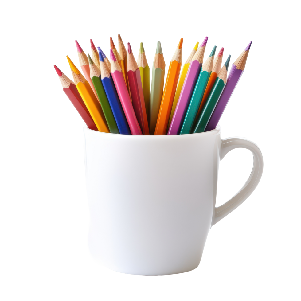 Multicolor pencils arranged in a white cup for creative expression and artistic activities, white cup with multicolor pencils on isolated isolated on Transparent background png