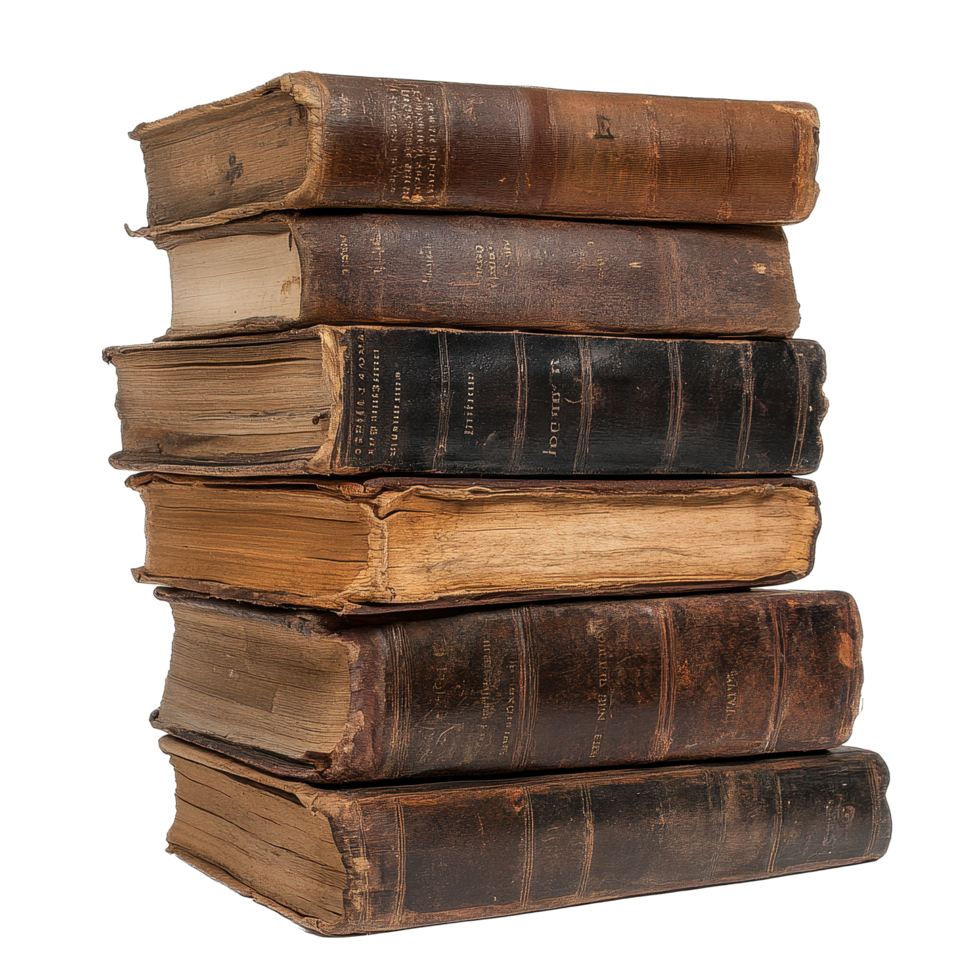 Old stacked books on a Transparent background showcasing vintage literature and historical bindings, Old stacked books on background png