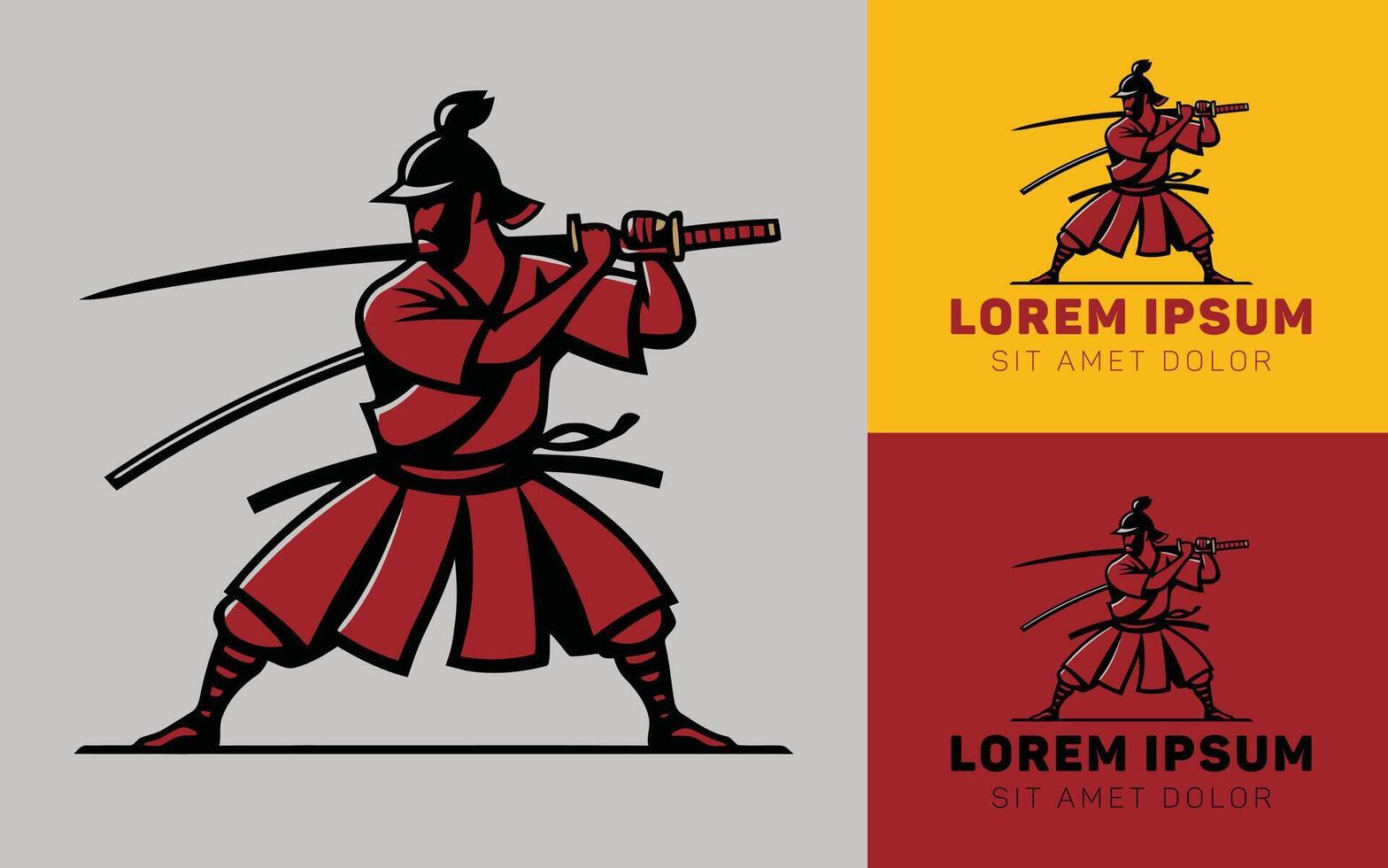 Red samurai hodling hands with logo icons cartoon vector