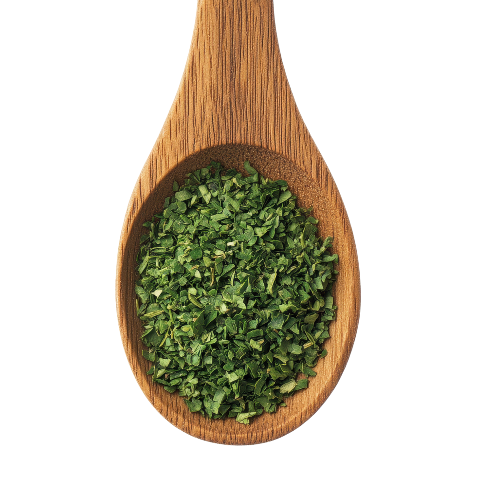 Dried parsley in wooden spoon displayed on Transparent background for culinary uses and seasoning suggestions, Dried parsley in wood spoon isolated on background png