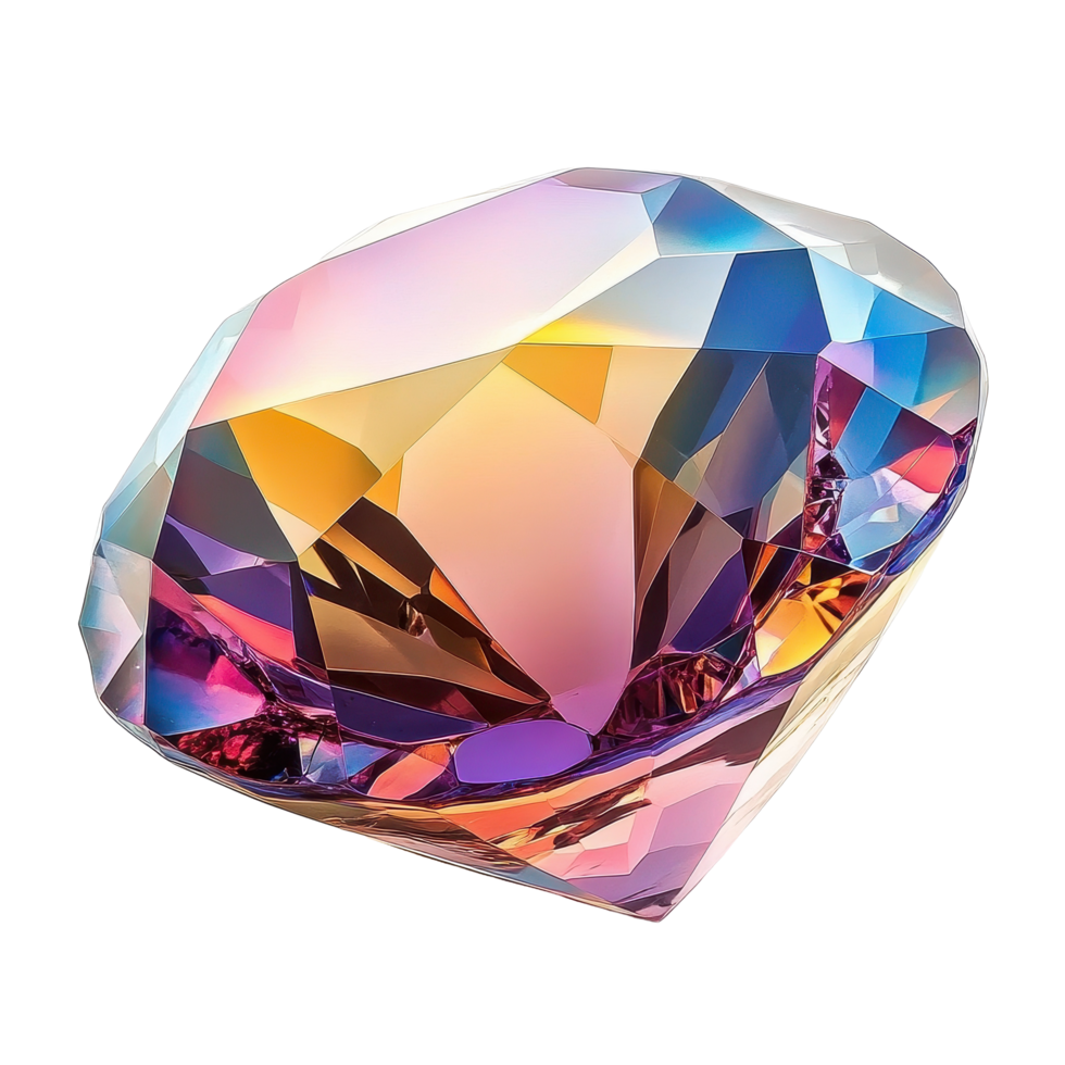 Shiny cut gemstone displays vibrant colors and intricate facets in brilliant reflections, Shiny cut gemstone with facets and reflections, Transparent background png