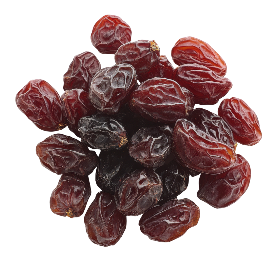 Dried raisins arranged neatly on a Transparent background highlighting their rich color and texture, raisin isolated on background png