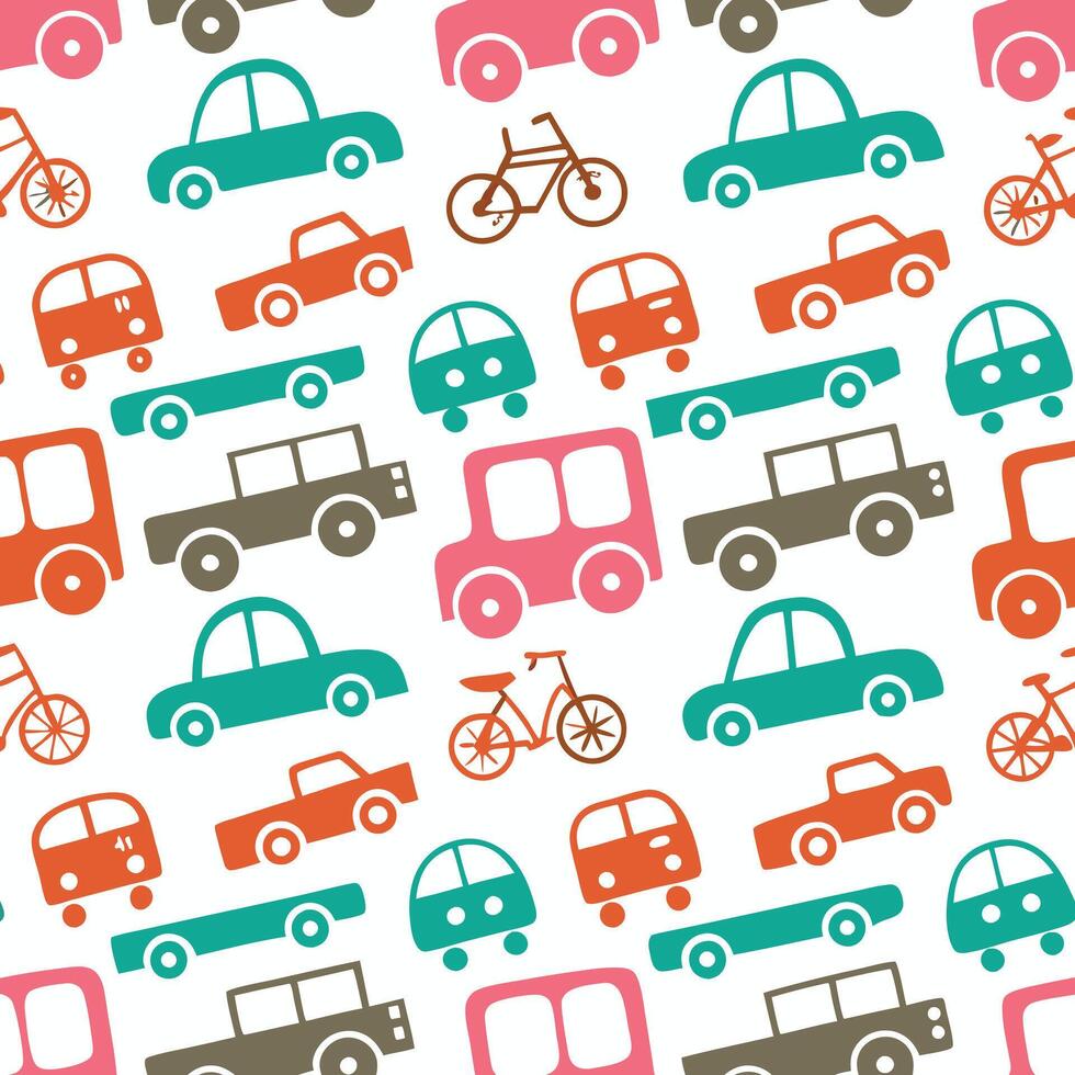 Adorable Seamless Pattern of Colorful Vehicles and Bicycles for Kids vector