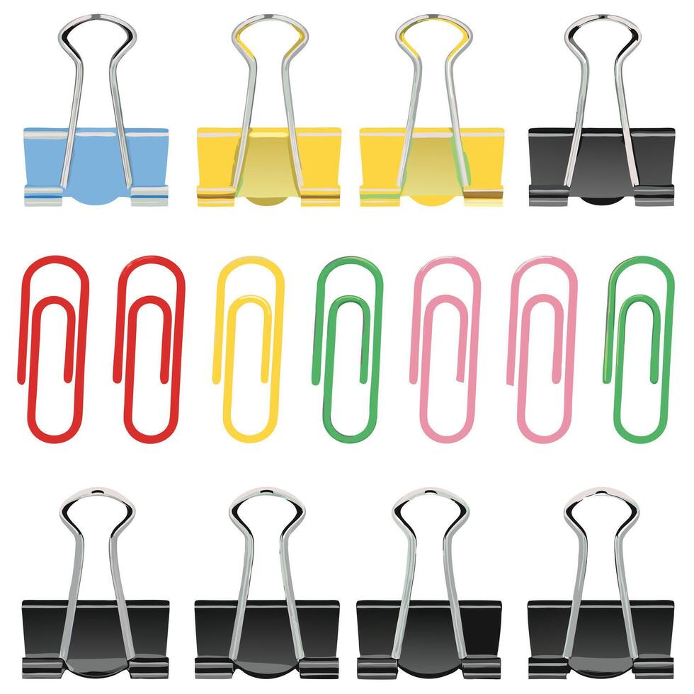 Collection of Colorful Paper Clips and Binder Clips for Office Supplies vector