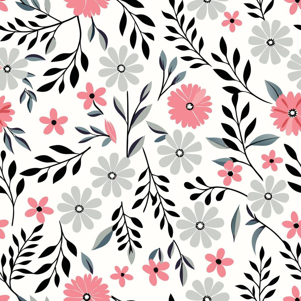 Elegant Seamless Pattern of Pink and Gray Flowers and Black Branches on White Background Delightful Floral Design Perfect for Fabrics Wallpaper and Textiles vector