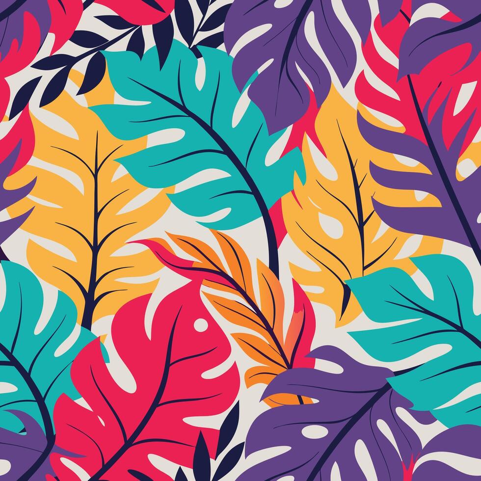 Vibrant Tropical Leaf Pattern Seamless Design Colorful Exotic Foliage vector
