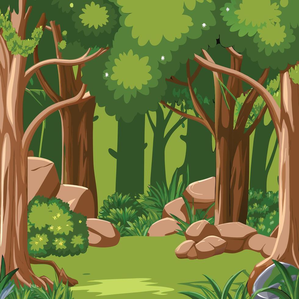 Lush Green Forest Landscape with Majestic Trees and Rocks vector