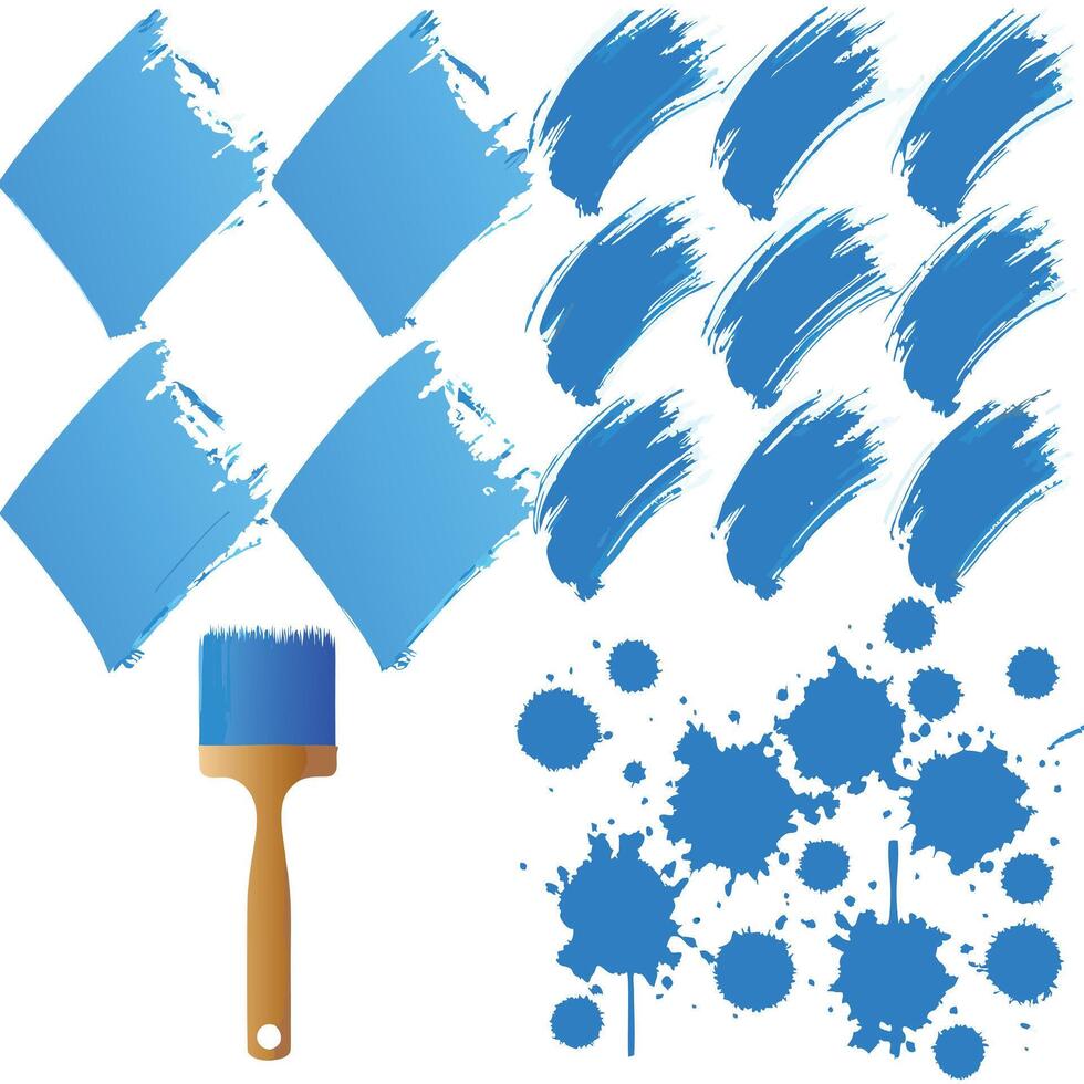 Collection of Blue Paint Brush Strokes and Splats Artistic Design Elements vector