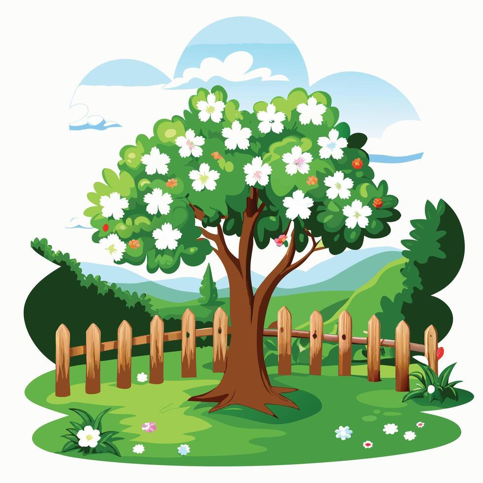 Beautiful Spring Garden Scene with Blooming Tree and Wooden Fence vector
