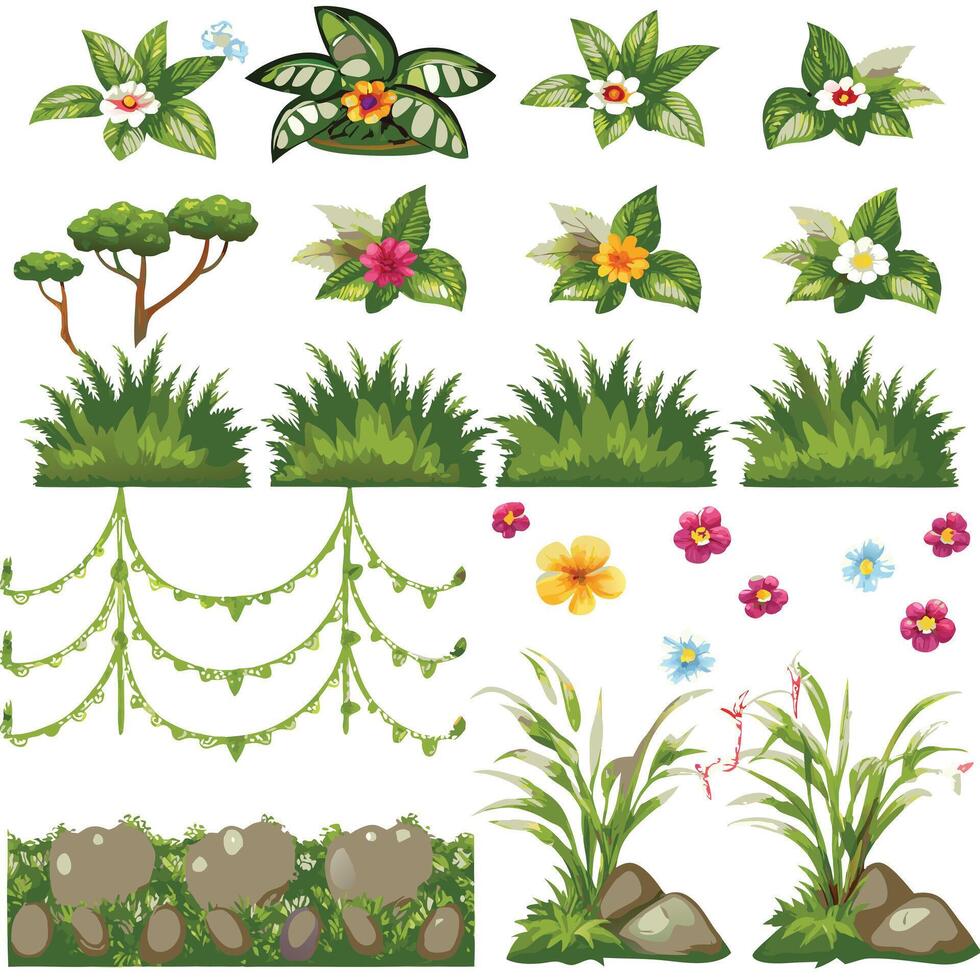 Collection of Tropical Plants and Stone Walls for Garden Design vector