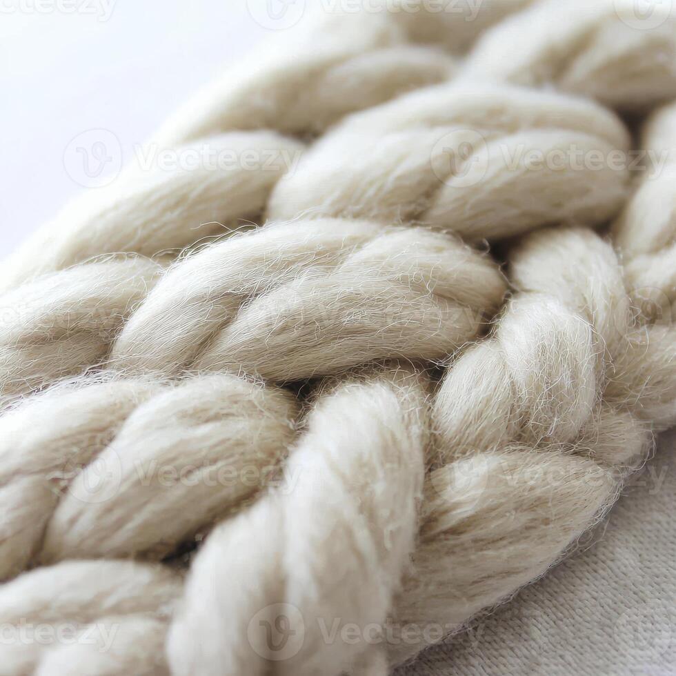Close Up of Chunky Knit Fabric, Off White Braided Texture, Soft Natural Fibers photo