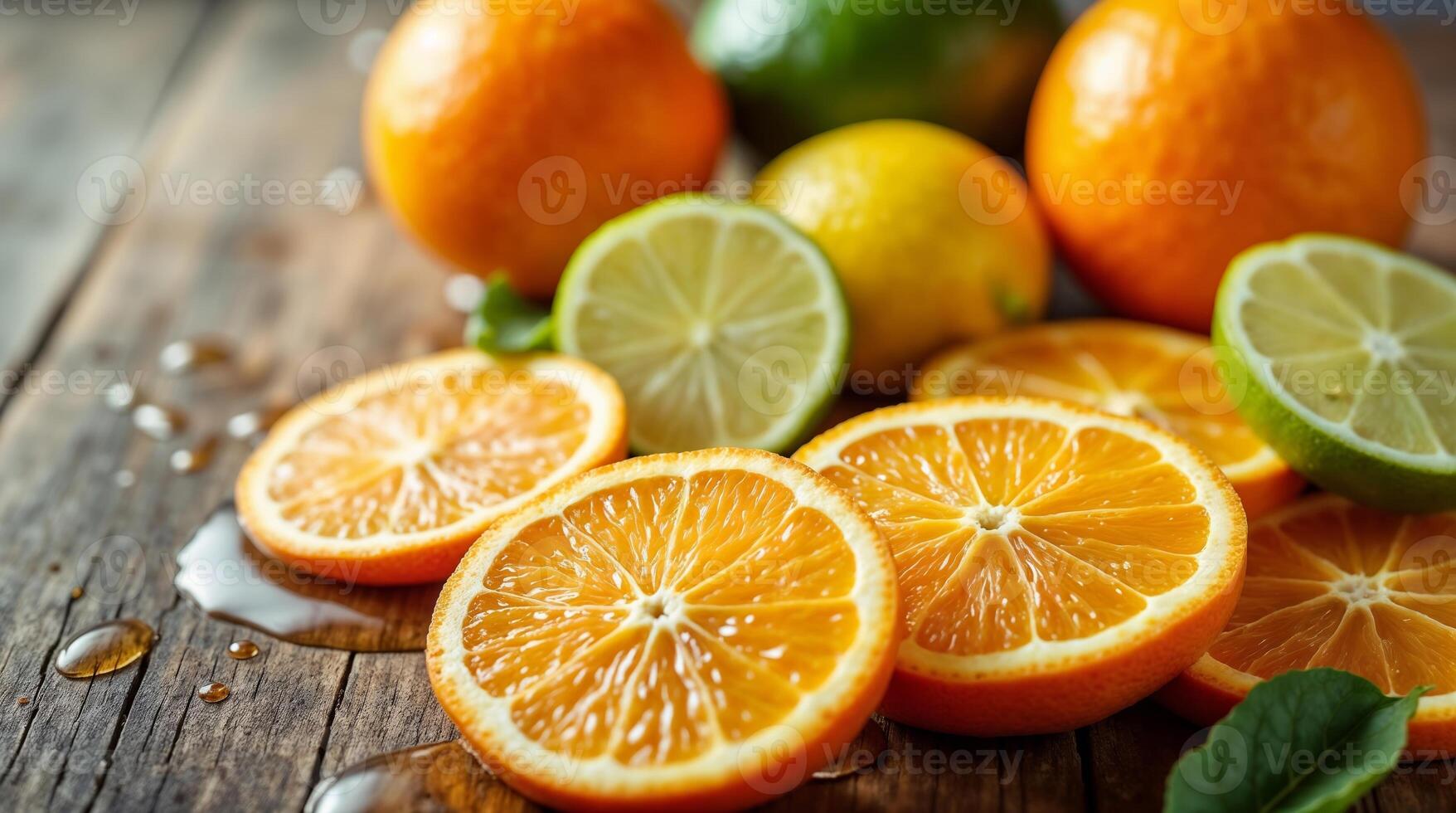 Citrus slices arranged on a rustic wooden background photo