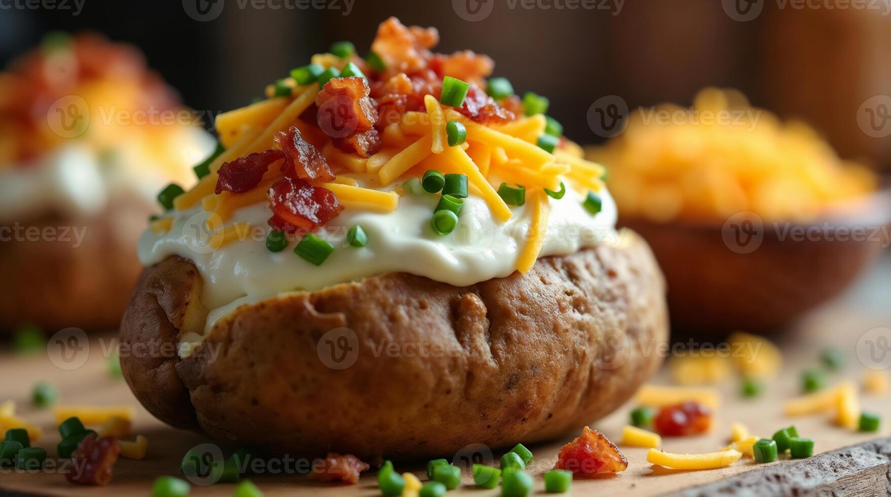 Baked potato garnished with cheese and bacon photo