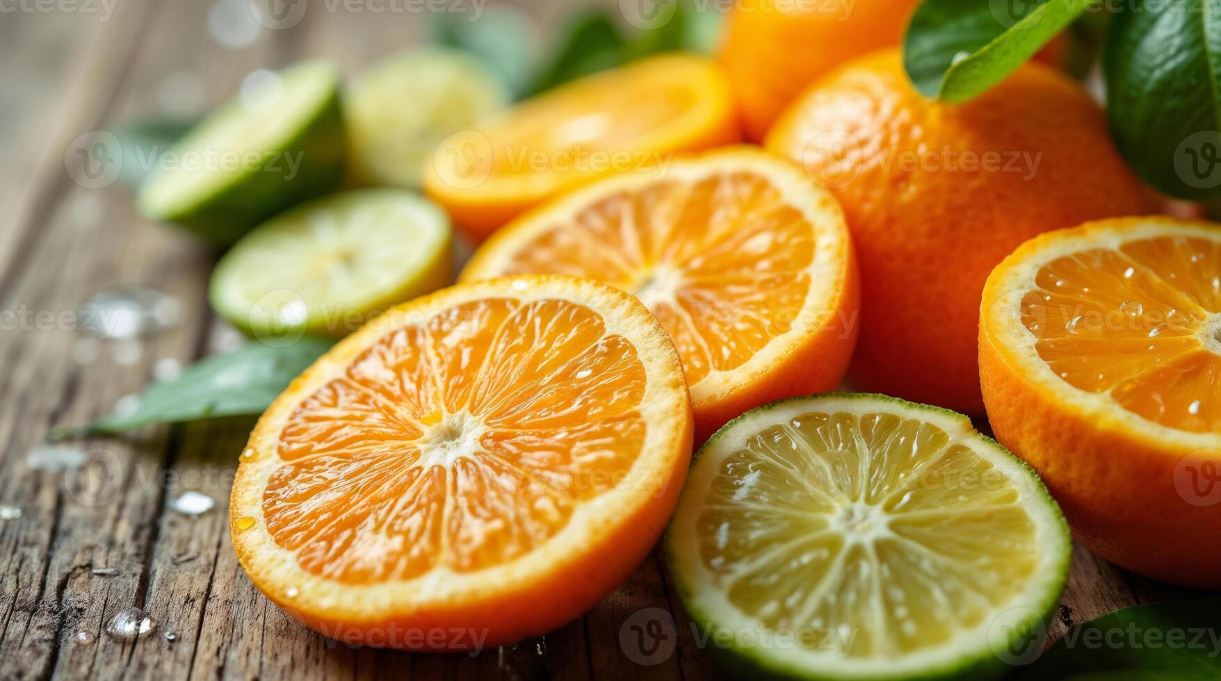 Fresh citrus slices on rustic wooden background photo