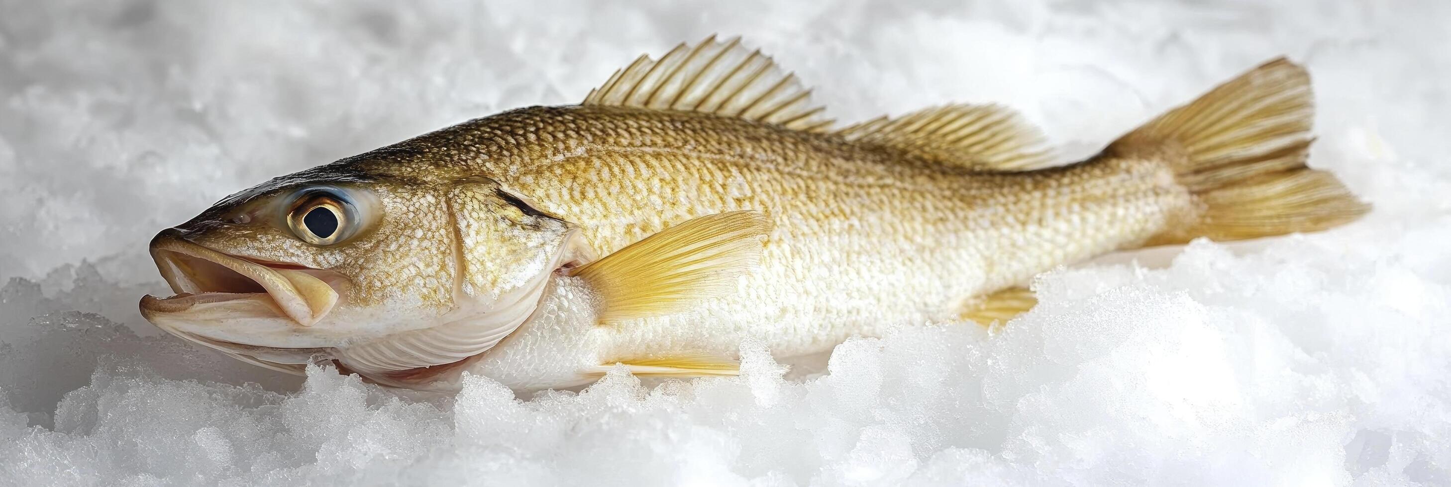 A fish is laying on the snow with its mouth open photo