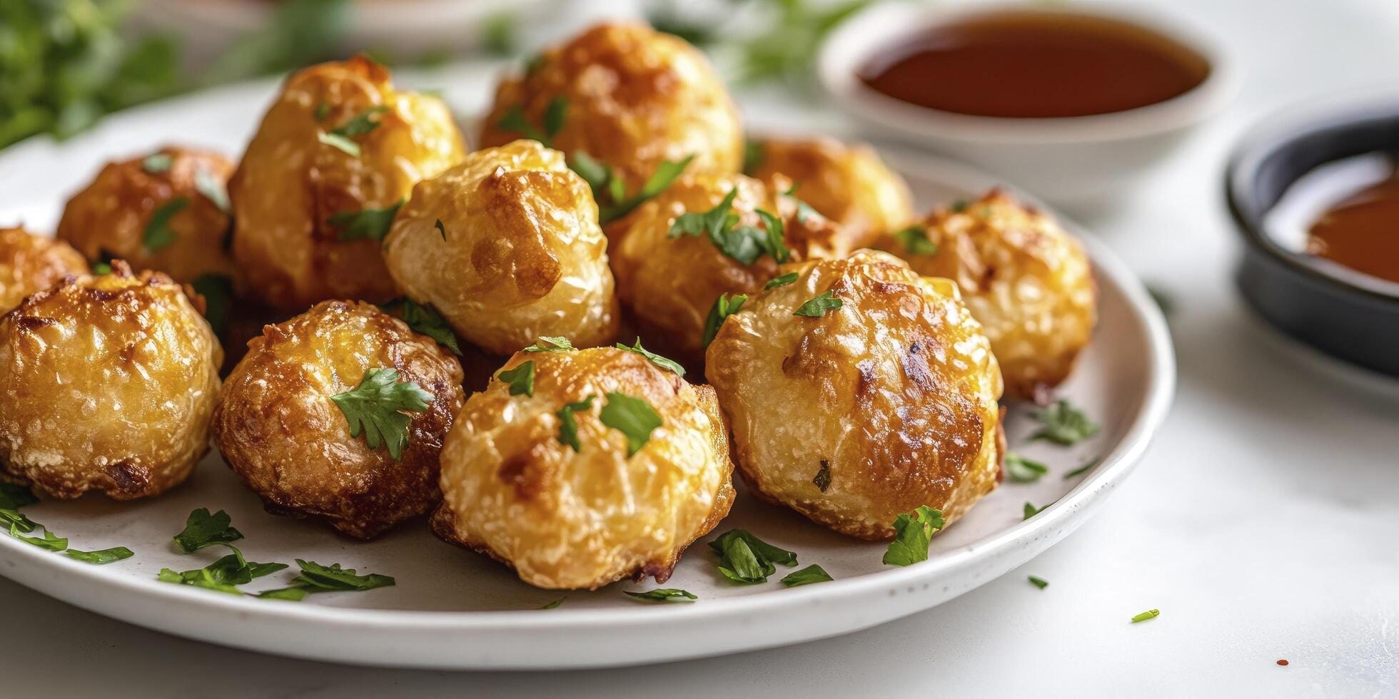 A plate of baked potatoes with sauce and garnish photo