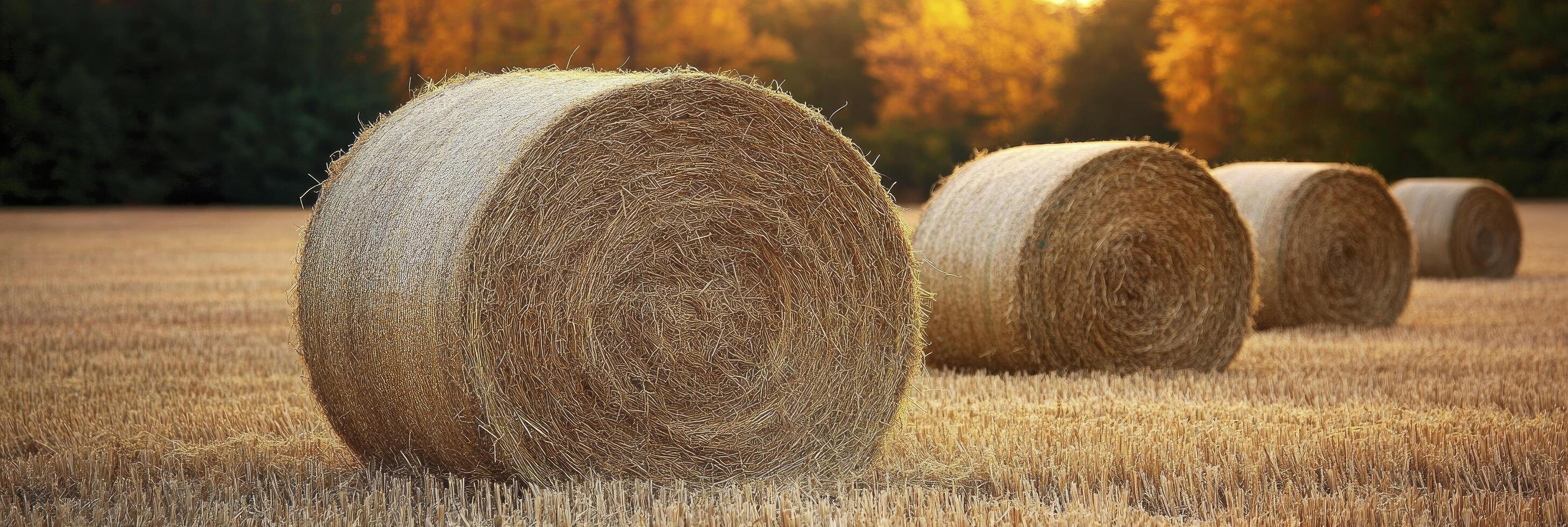 Bales of hay in a field at sunset photo