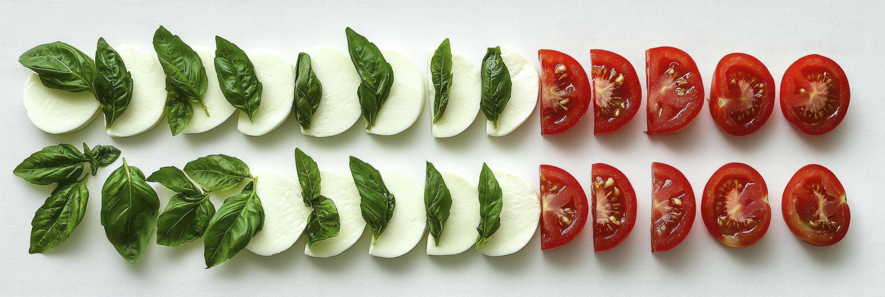 Tomato slices and basil arranged in a pattern photo