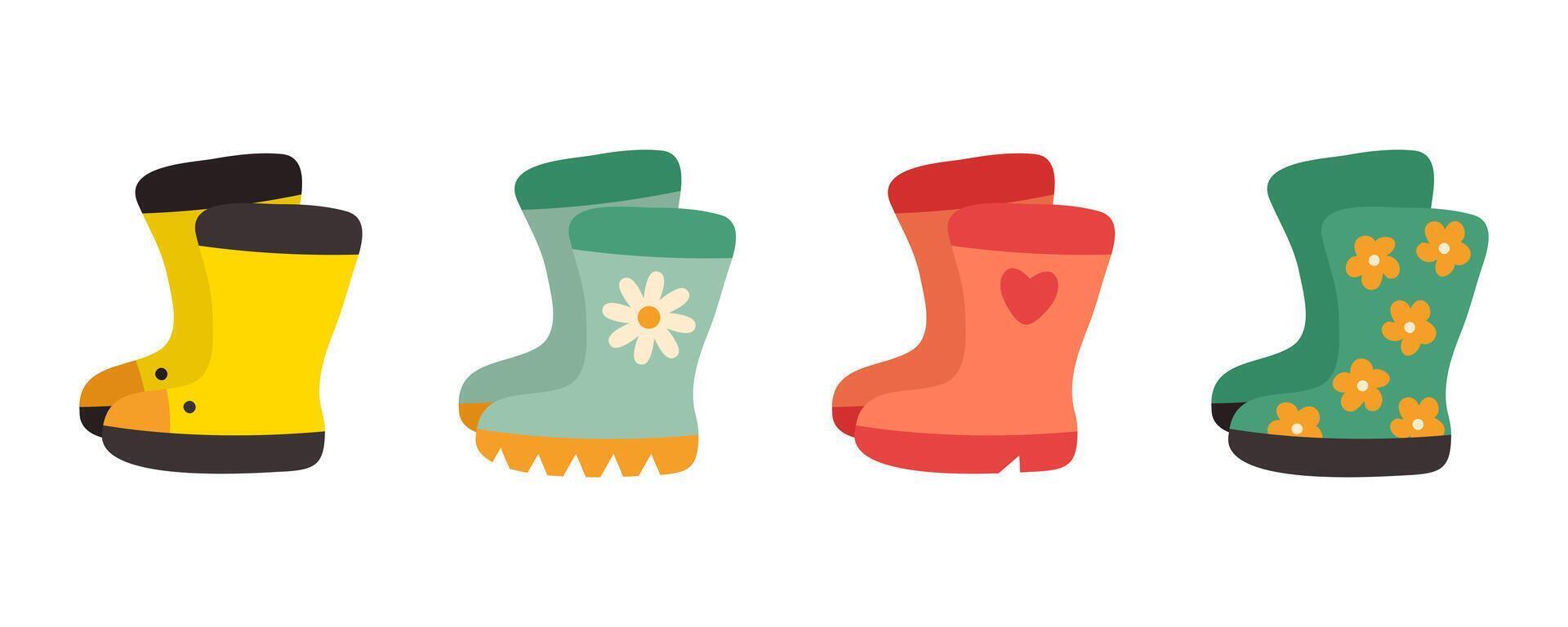 Retro flat style a pair of rain boots clipart collection. Perfect for poster, card, label, sticker. Isolated illustration for decor and design. vector