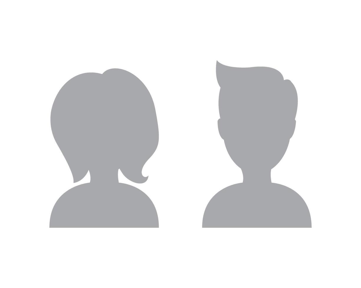 Illustration depicting male and female face silhouettes or icons, serving as avatars or profiles for unknown or anonymous individuals. The illustration portrays a man and a woman portrait. vector