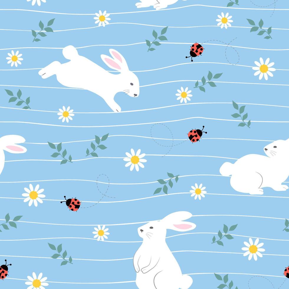 Seamless Easter floral pattern with cute bunnies and ladybugs on spring garden vector