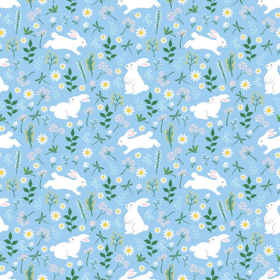 Seamless pattern with hand drawn cute rabbits and wildflowers on spring garden for happy easter vector