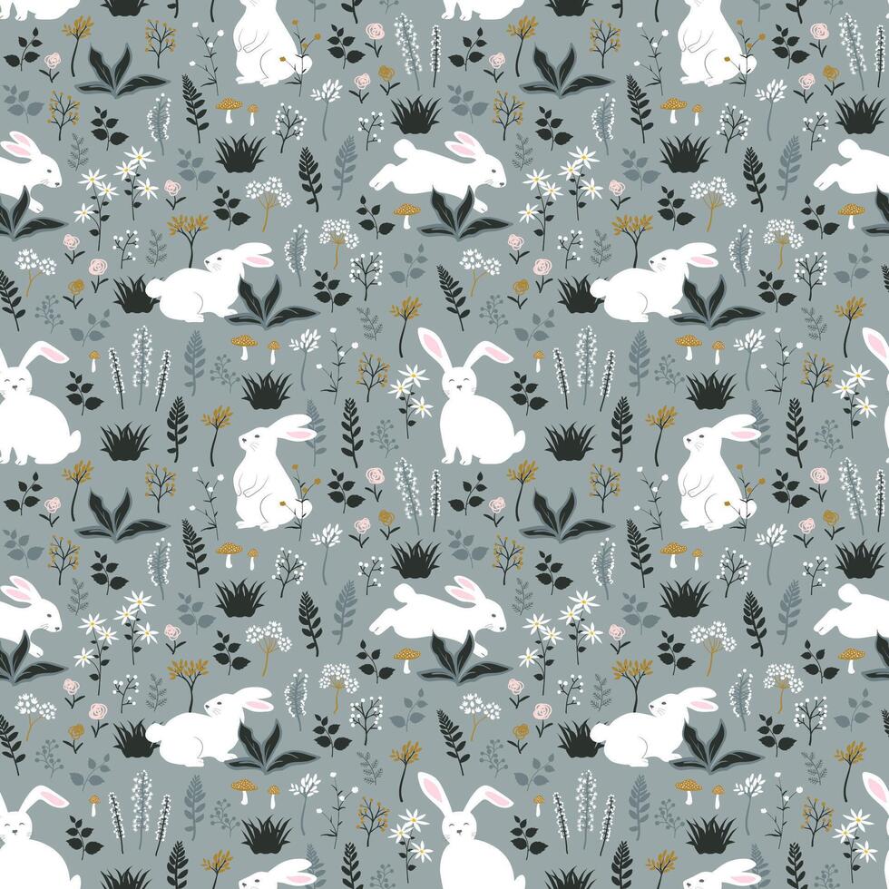 Seamless pattern with hand drawn cute rabbits on spring garden for happy easter vector