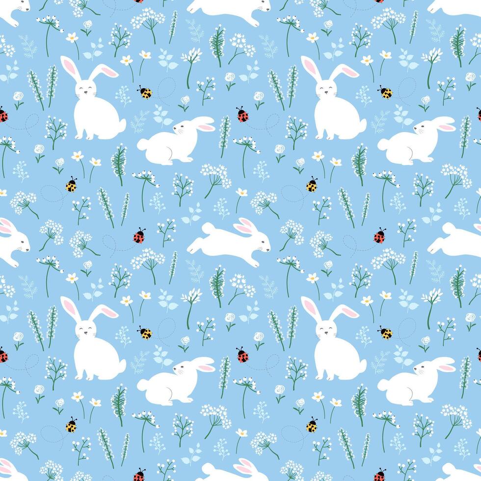 Seamless pattern with hand drawn cute rabbits and ladybug on spring garden vector