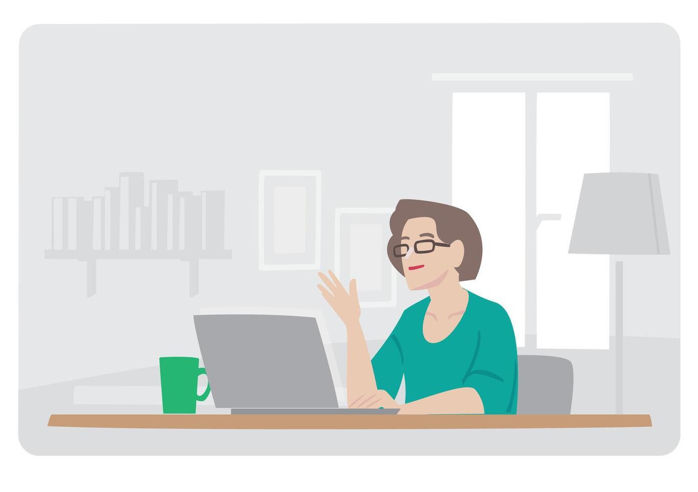 woman working from home online on laptop discuss business in her room on light grey background vector