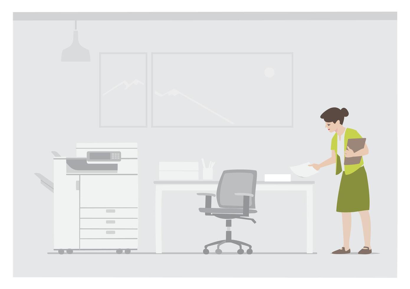 woman on workplace environment with grey background handling a document next to table and copier machine vector