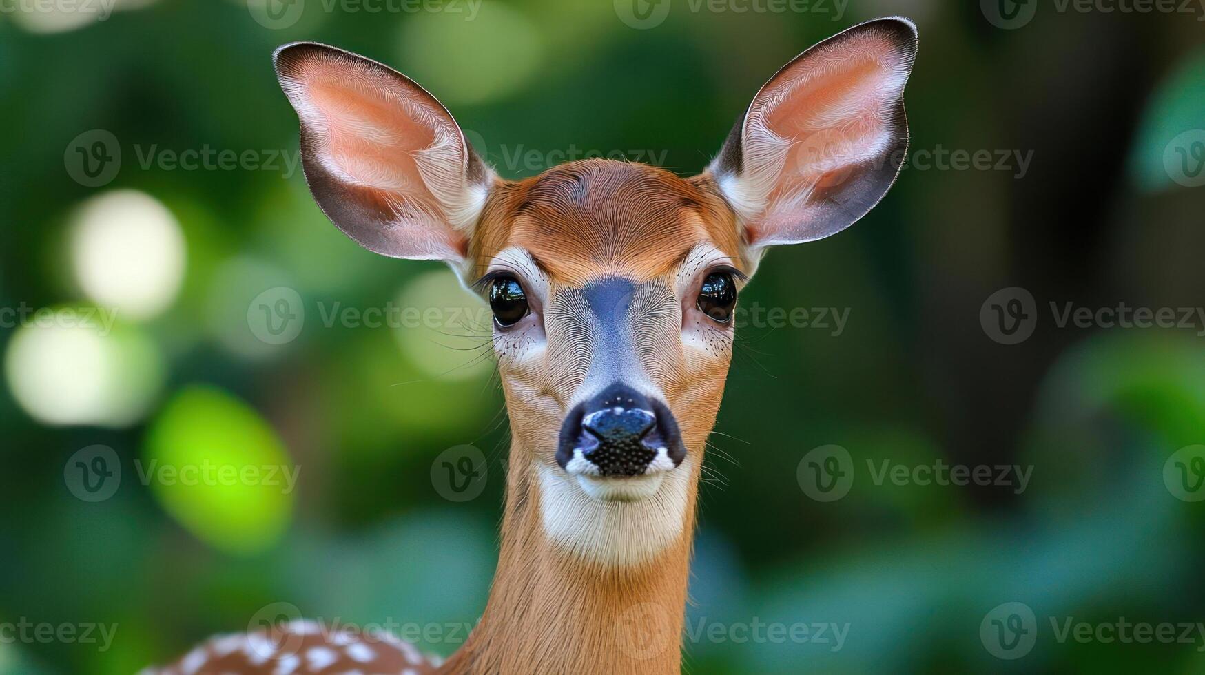Close-up of a deer with large ears and brown fur. photo