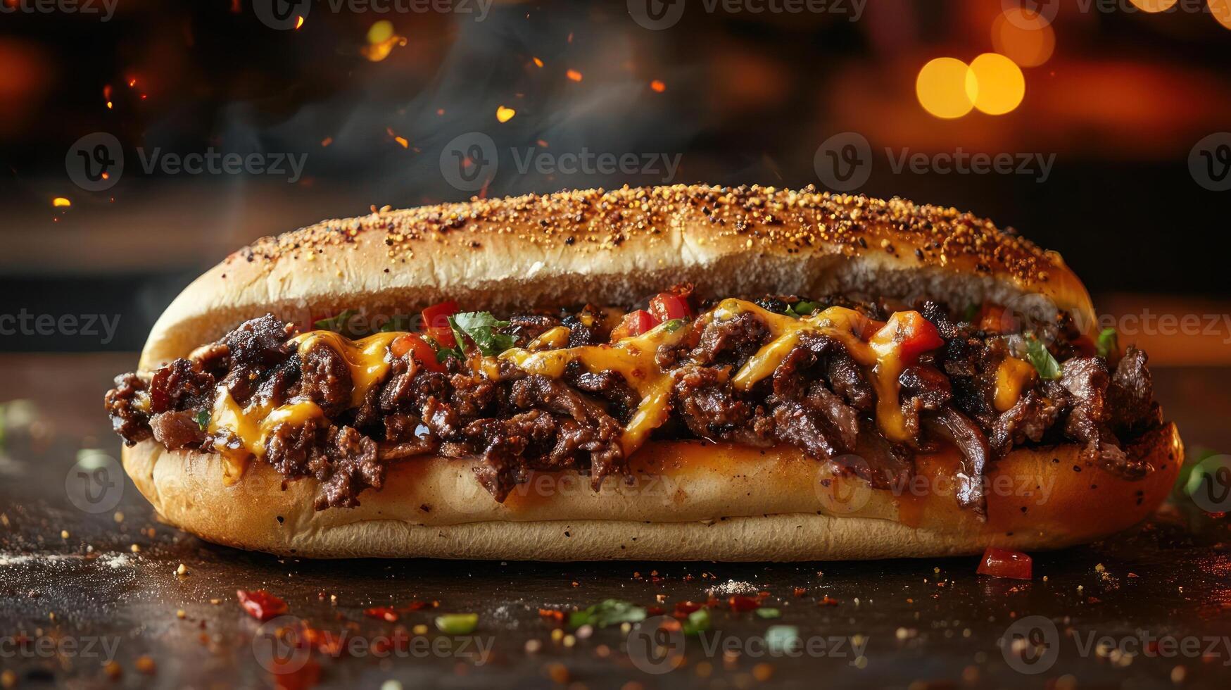 A cheesesteak sub sandwich with melted cheese and meat on a long bun. photo
