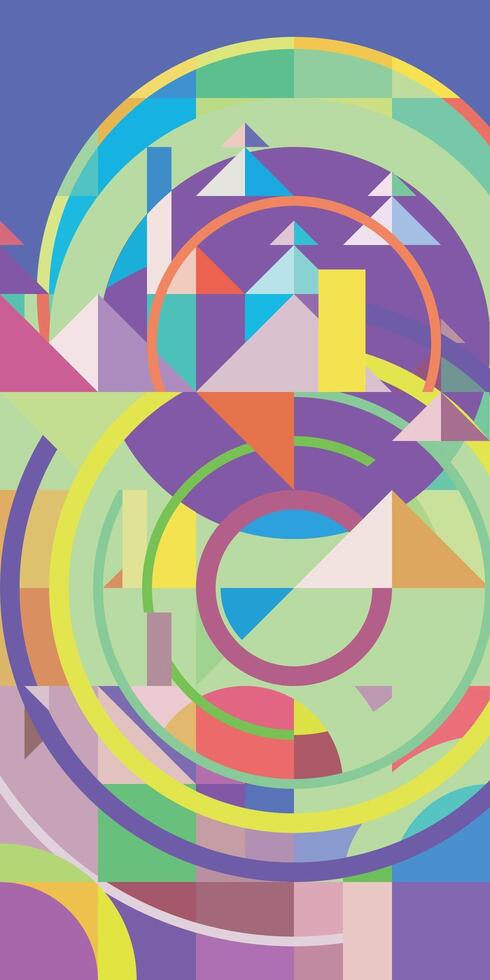 Geometric bauhaus pattern with mountains and fir trees. Mosaic background. Tourism and outdoor recreation. Abstract vertical composition banner with purple and green colored circles. Mural art vector