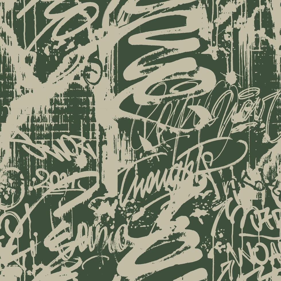 Graffiti pattern. Abstract seamless grunge text print. Collage of lettering and different tags. Wall street ornament. Old school background and urban street art theme vector