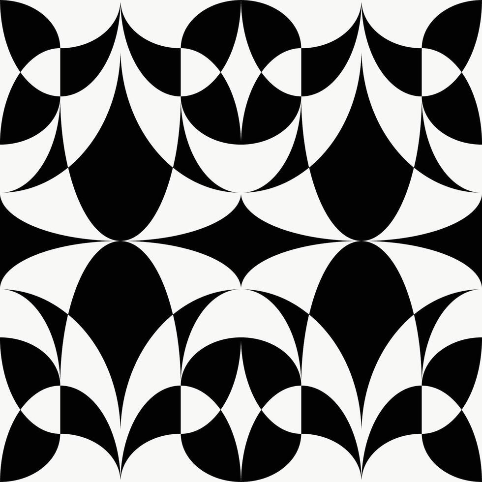 Bauhaus style monochrome background. Black and white seamless overlap ornament with simple curved shapes. Decorative ceramic tiles print texture, graphic, web template layout, background vector