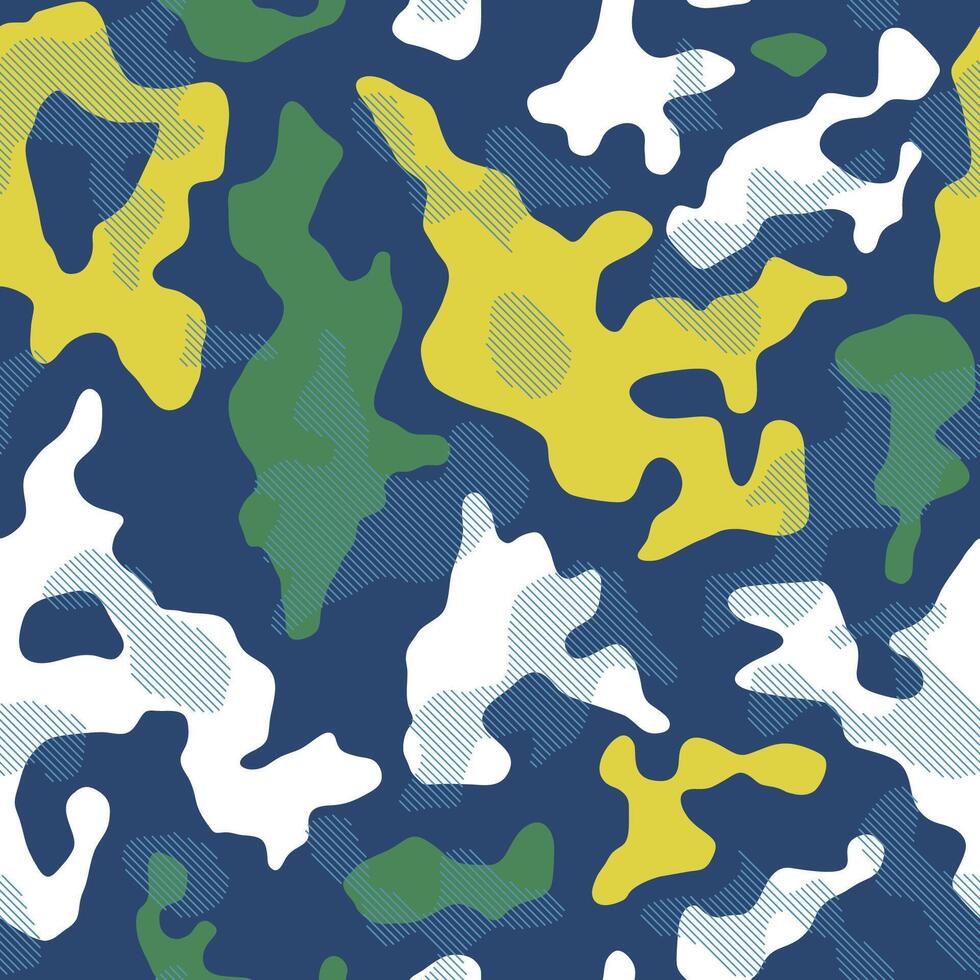 Youth sportswear textile printing. Camouflage seamless pattern background. Classic military clothing style. Bright urban color camo repeat print. Green blue and yellow texture vector