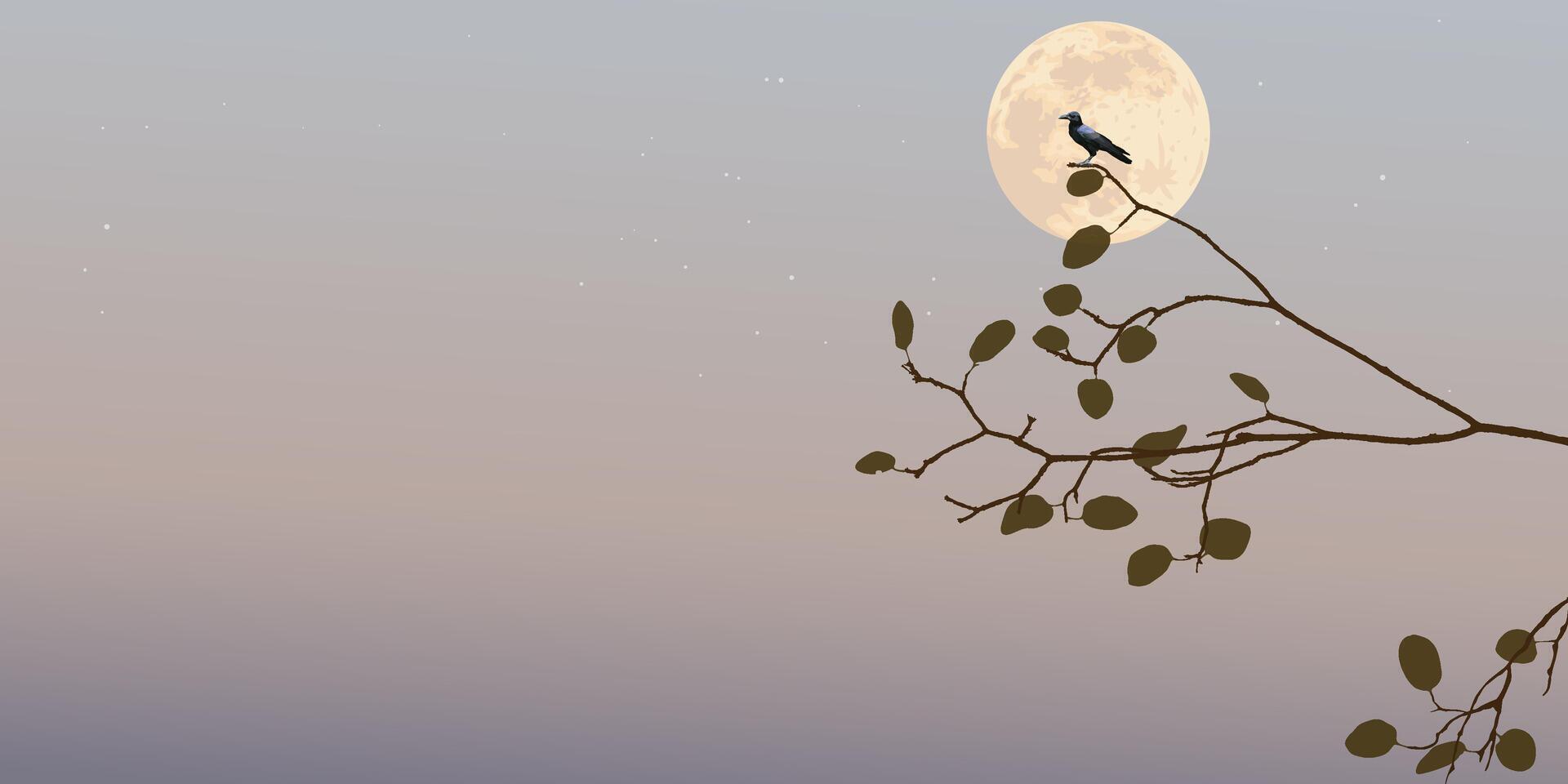 Silhouette of a crow perched on a branch have full moon and vanilla sky background graphic illustration have blank space. vector