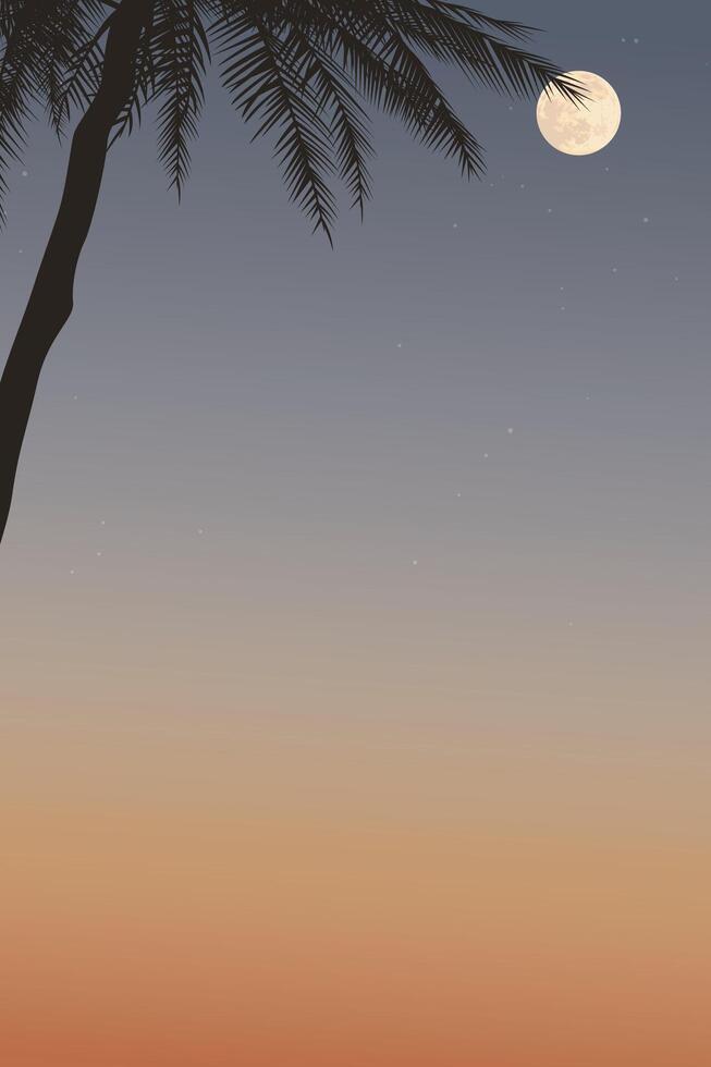 Silhouette palm trees with sunset sky with full moon vertical background graphic illustration have blank space. vector