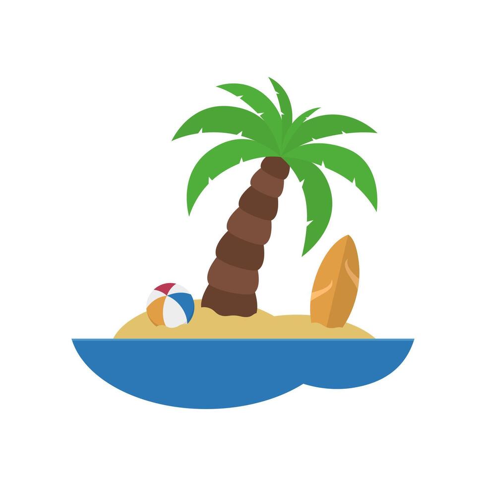 Island flat icon illustration isolated on white. Island illustration with coconut tree, surfboard, and beach ball vector