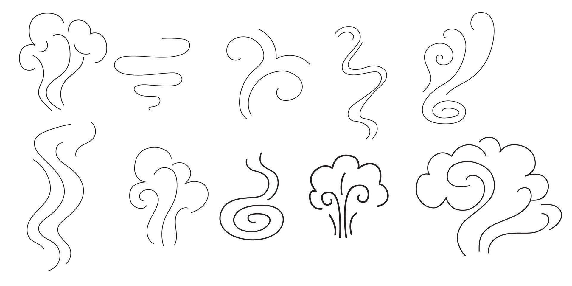 Set of steam and smoke lines icons. Air wind and scent linear collection, heat waves or aroma from cooking food and hot coffee, gas and fumes. Steam swirls icons of doodle style illustration vector