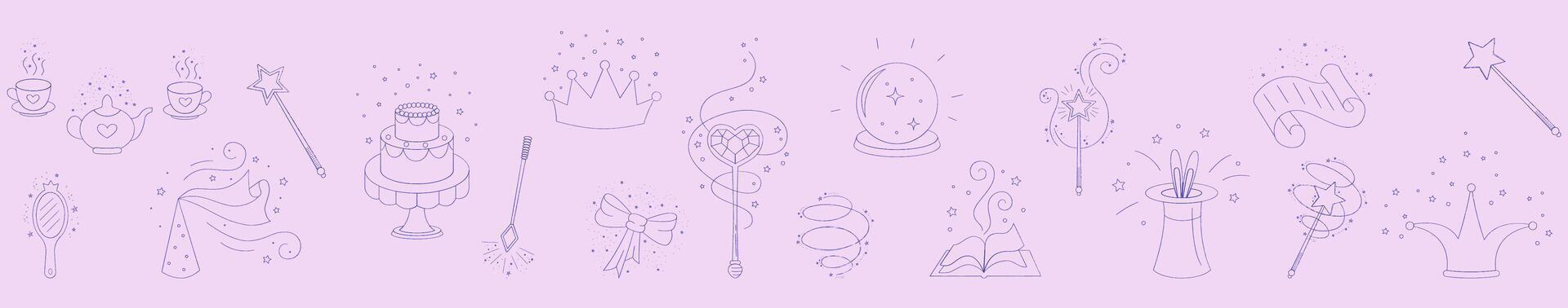 Magic wands and elements doodle border. Fairytale element in sketch style. Hand drawn illustration isolated on white background vector