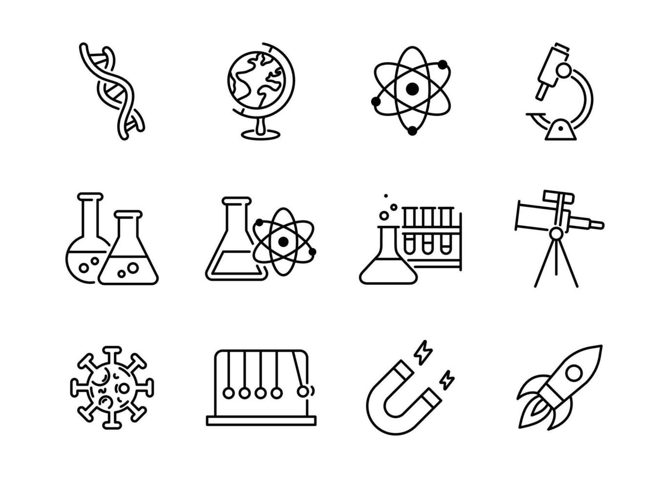 Science line icon set featuring physics, chemistry, biology, laboratory, research, DNA, atom, molecules, telescope, and rocket. Ideal for education, school subjects, and scientific illustrations. vector