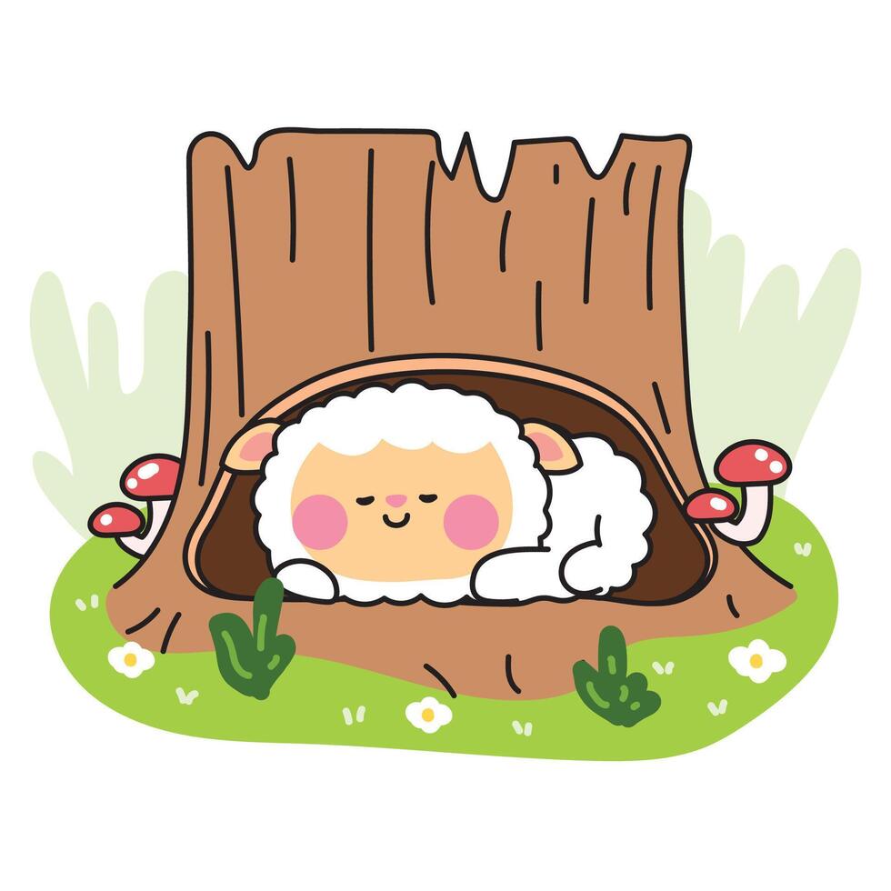 Cute sheep smile sleep in cavity tree.Farm animal character cartoon design.Jungle.Mushroom,flower,leaf,grass.Kawaii.Illustration vector
